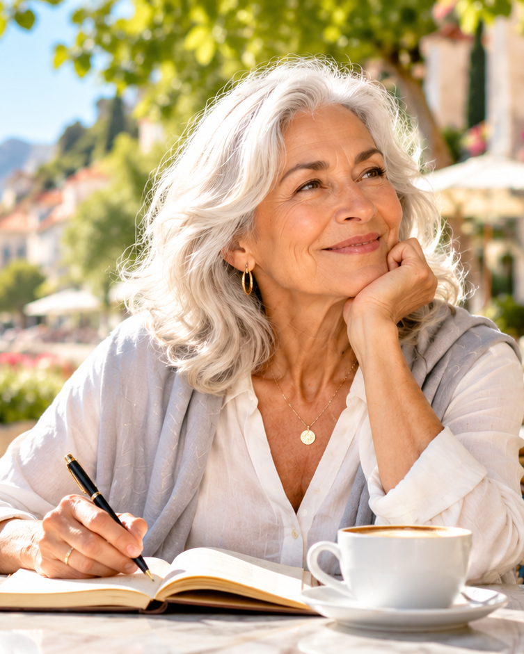 A senior woman with white hair sits at an outdoor cafe table by the sea, writing in an open notebook with a pen. She is wearing a white blouse and a gray cardigan, with a cup of coffee in front of her.