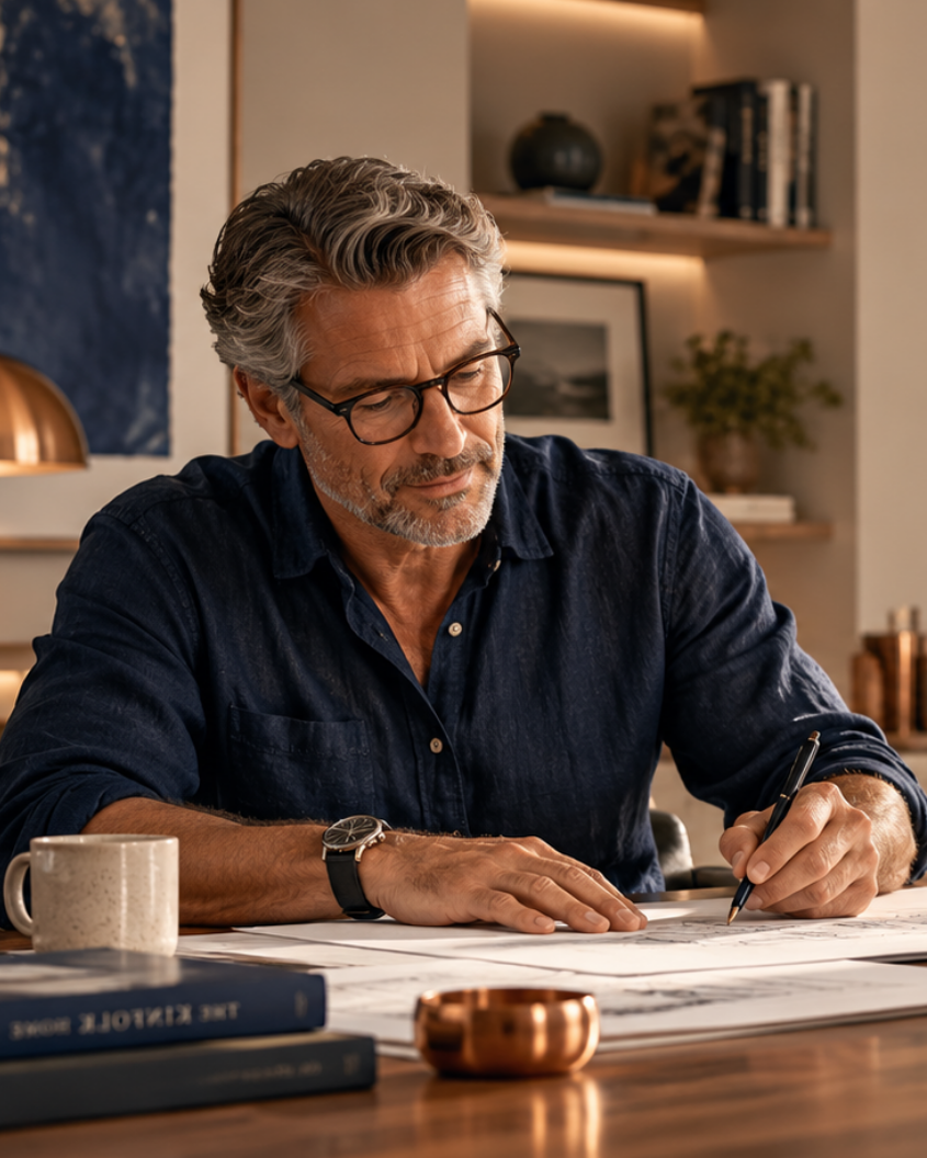 A man with glasses and a graying beard sits at a wooden desk, writing on papers. He is wearing a dark navy blue button-down shirt.